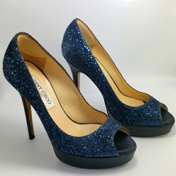 Jimmy Choo Blue Sparkle Platform Heel - Picture 1 of 10